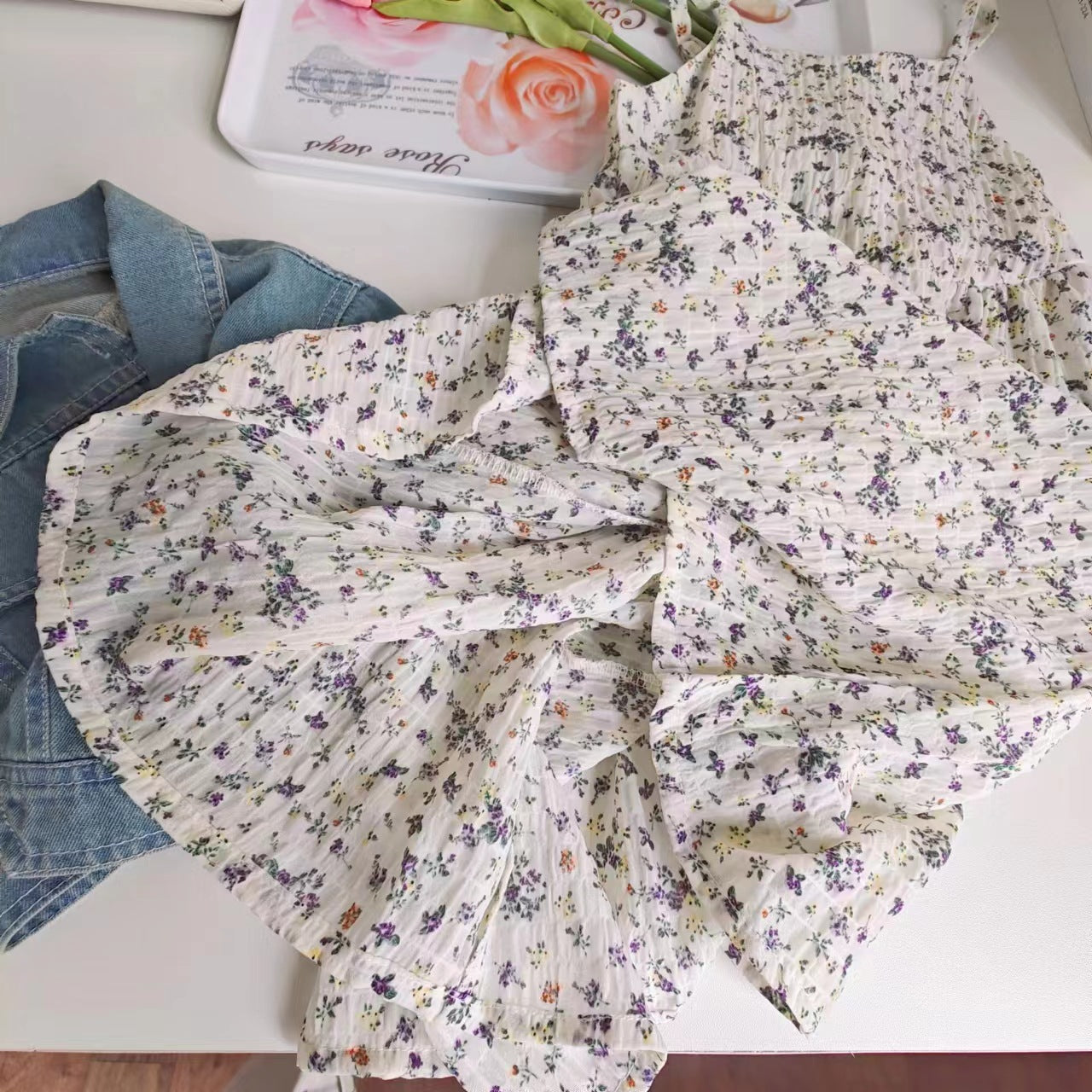 [363680] - Baju Setelan Jaket Jeans Crop Inner Dress Fashion Anak Perempuan - Motif Edge Flower