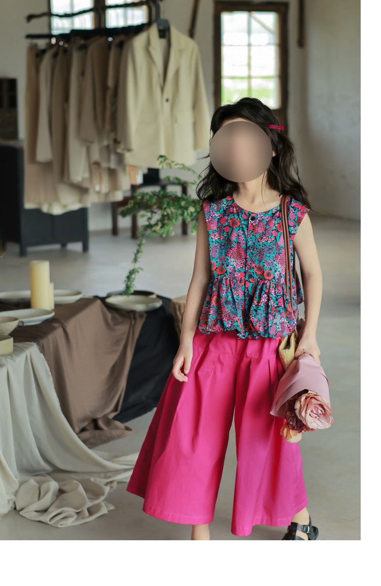 [5071112] - One Set 2in1 Baju Setelan Atasan Purple Lengan Kutung Bawahan Celana Panjang Kulot Fashion Trendi Anak Perempuan Cewek - Motif Floral Top - BABYHOKI STORE