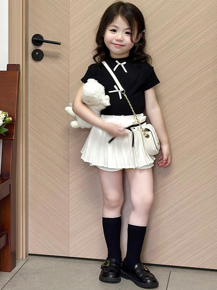 [5071111] - One Set 2in1 Baju Setelan Atasan Ribbon Lengan Pendek Bawahan Celana Rok Pendek Plisket Fashion Korean Style Anak Perempuan Cewek - Motif Top Ribbon Plisket Bottom - BABYHOKI STORE