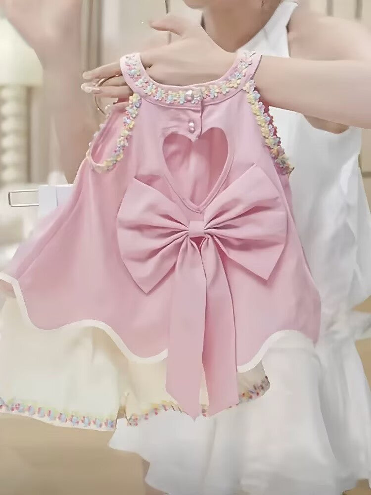 [5071154] - One Set 2in1 Baju Setelan Summer Outfit Atasan Lengan Kutung Bawahan Celana Pendek Comfort Fashion Style Anak Perempuan Cewek - Motif Cute Bow & Floral - BABYHOKI STORE