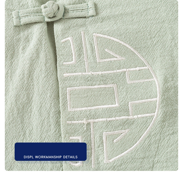 [5131127] - One Set 2in1 Baju Setelan Kerah Shanghai Imlek Atasan Lengan Pendek Bawahan Celana Pendek Style Chinese Hanfu Anak Laki Laki Cowok - Motif Top Color Green - BABYHOKI STORE