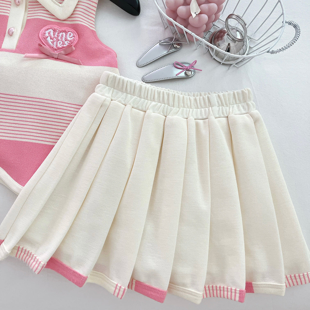 [963113] - One Set 2in1 Baju Setelan Atasan Kaos Berkerah Lengan Kutung Bawahan Celana Rok Pendek Casual Fashion Anak Perempuan Cewek - Motif Love Striped Color - BABYHOKI STORE