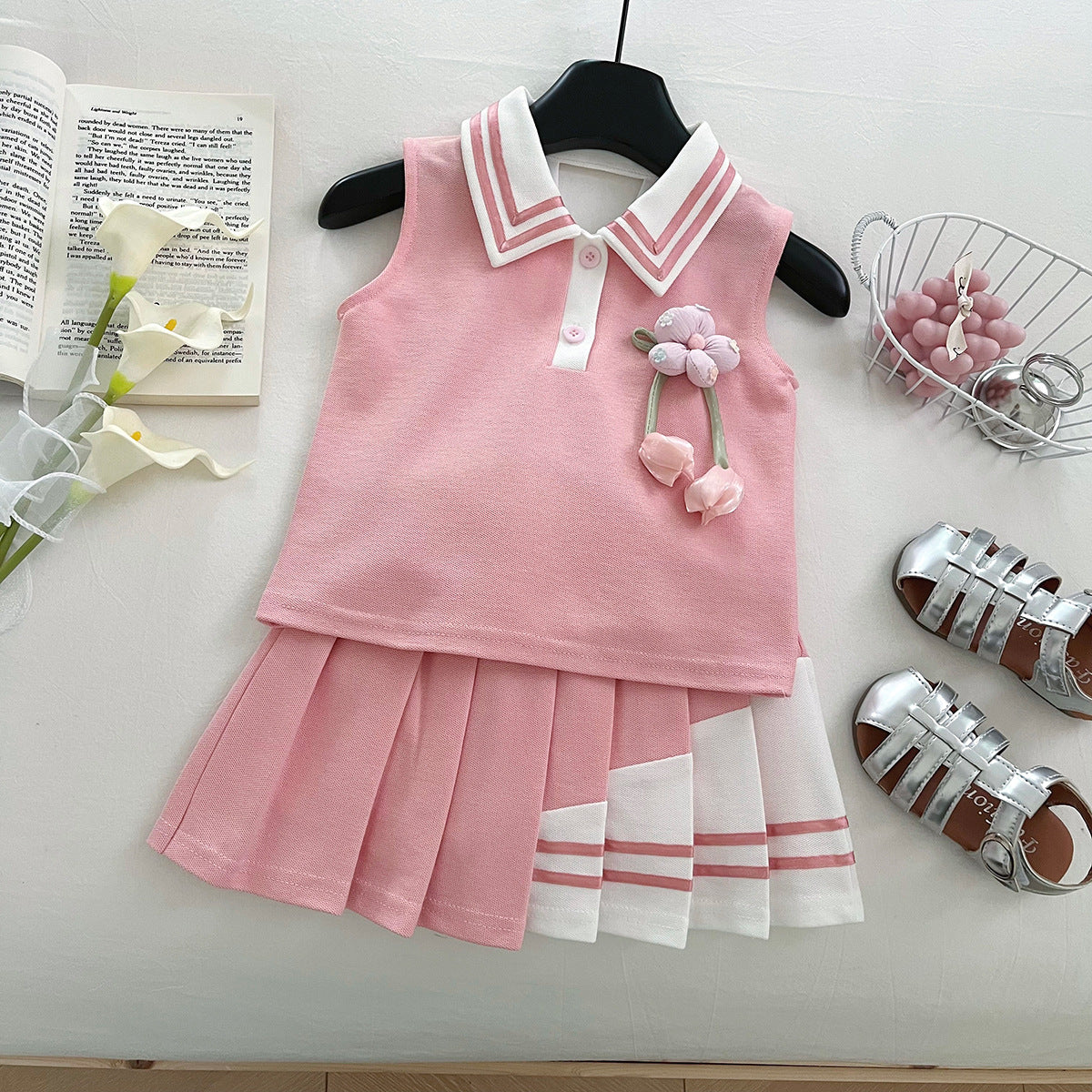 [963192] - One Set 2in1 Baju Setelan Atasan Berkerah Lengan Kutung Bawahan Celana Rok Pendek Anak Perempuan Cewek - Motif Bow & Flower - BABYHOKI STORE - BABYHOKI STORE