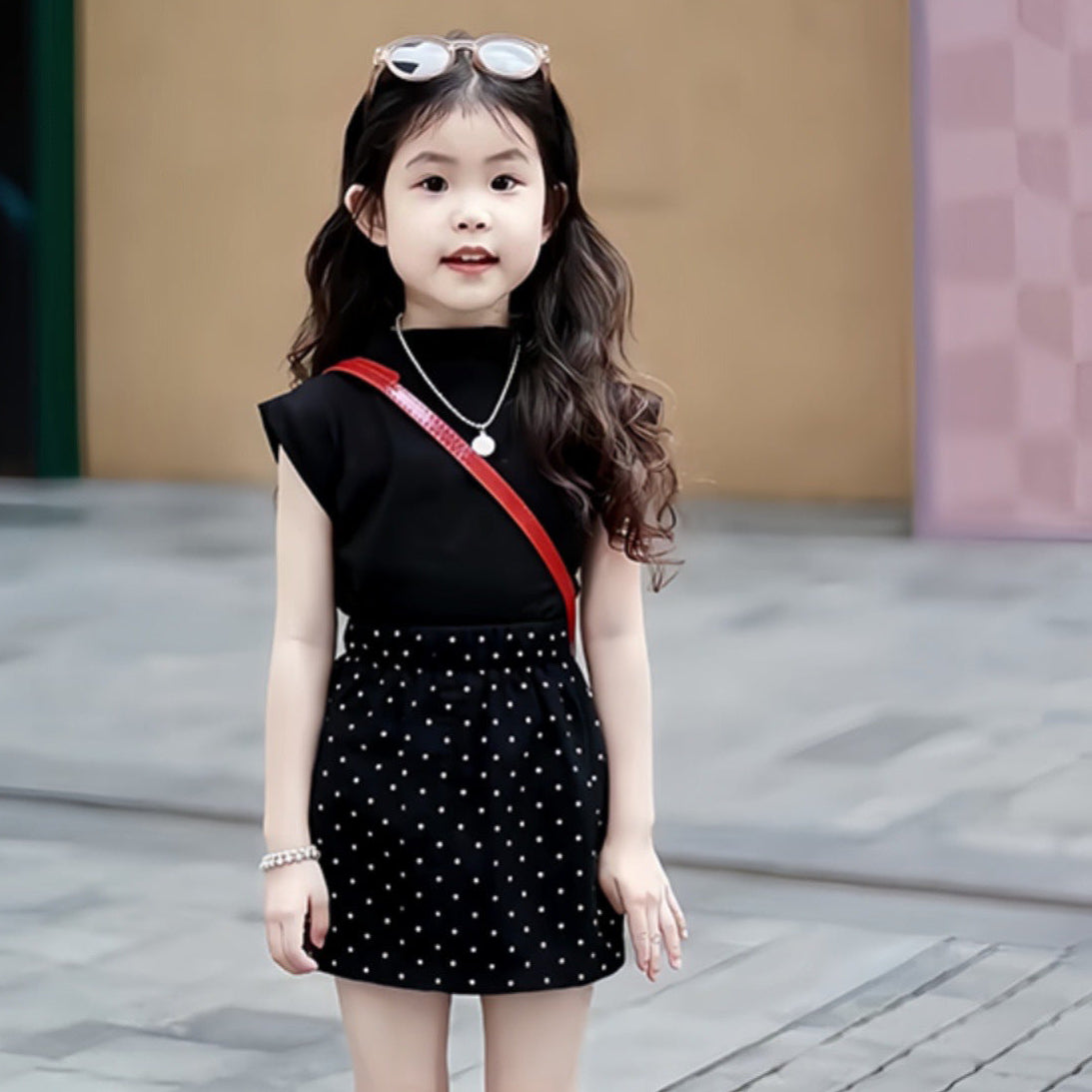 [5071077] - One Set 2in1 Baju Setelan Atasan Hitam Lengan Kutung Bawahan Celana Rok Pendek Fashion Anak Perempuan Cewek - Motif Polka Basic Colour Black - BABYHOKI STORE