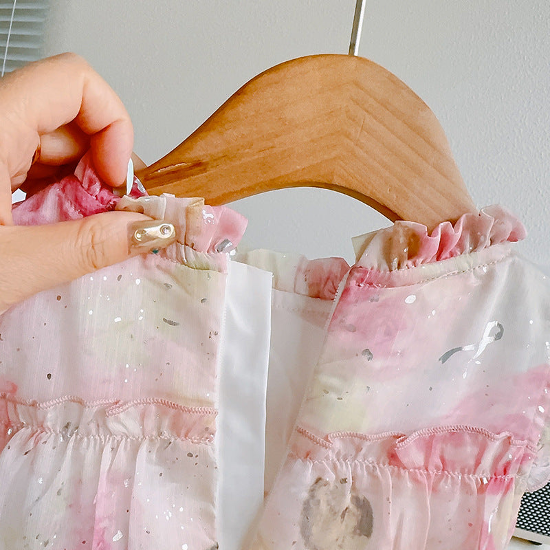 [363874] - Gaun Bunga Pink Baju Dress Ruffle Lengan Kutung Fashion Anak Perempuan Cewek - Motif Pink Floral Ruffle