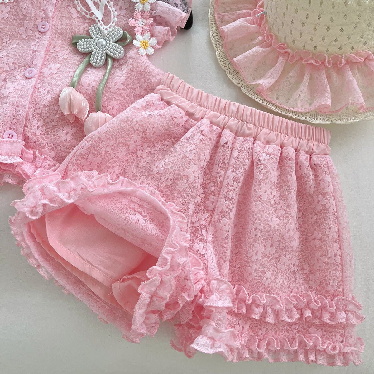 [963114] - One Set 2in1 Baju Setelan Atasan Blouse Kerah Lengan Kutung Bawahan Celana Pendek Comfort Fashion Style Anak Perempuan Cewek - Motif Flower 3D - BABYHOKI STORE
