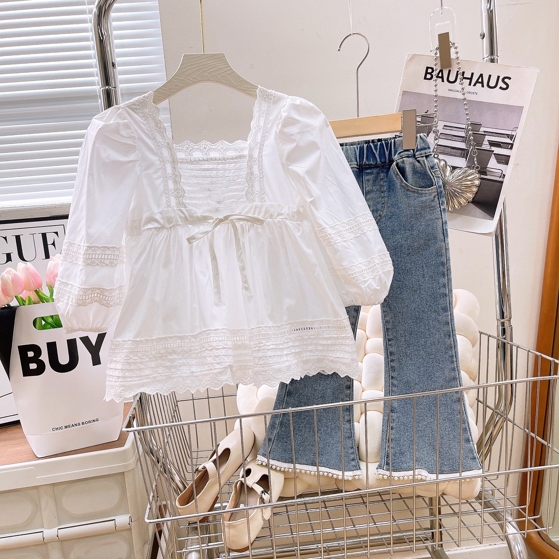 [363814] - Setelan One Set Baju Blouse Lengan Panjang Celana Panjang Jeans Cut Bray Fashion Anak Perempuan - Motif Casual Calm