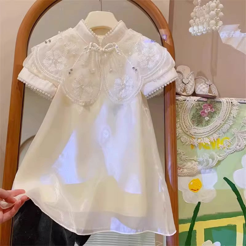 [963296] - Baju Gaun Dress Cheongsam Shanghai Imlek Lengan Pendek Korean Version Style Anak Perempuan Cewek - Motif Pearl Flower - BABYHOKI STORE