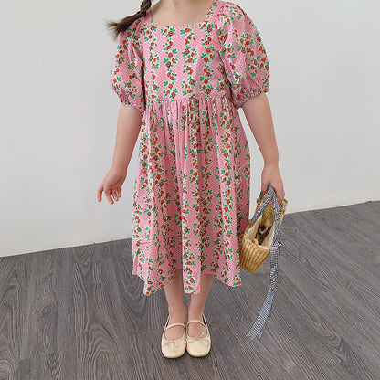 [507S1100] - Baju Dress Lengan Pendek Fashion Anak Perempuan - Motif Flower Line