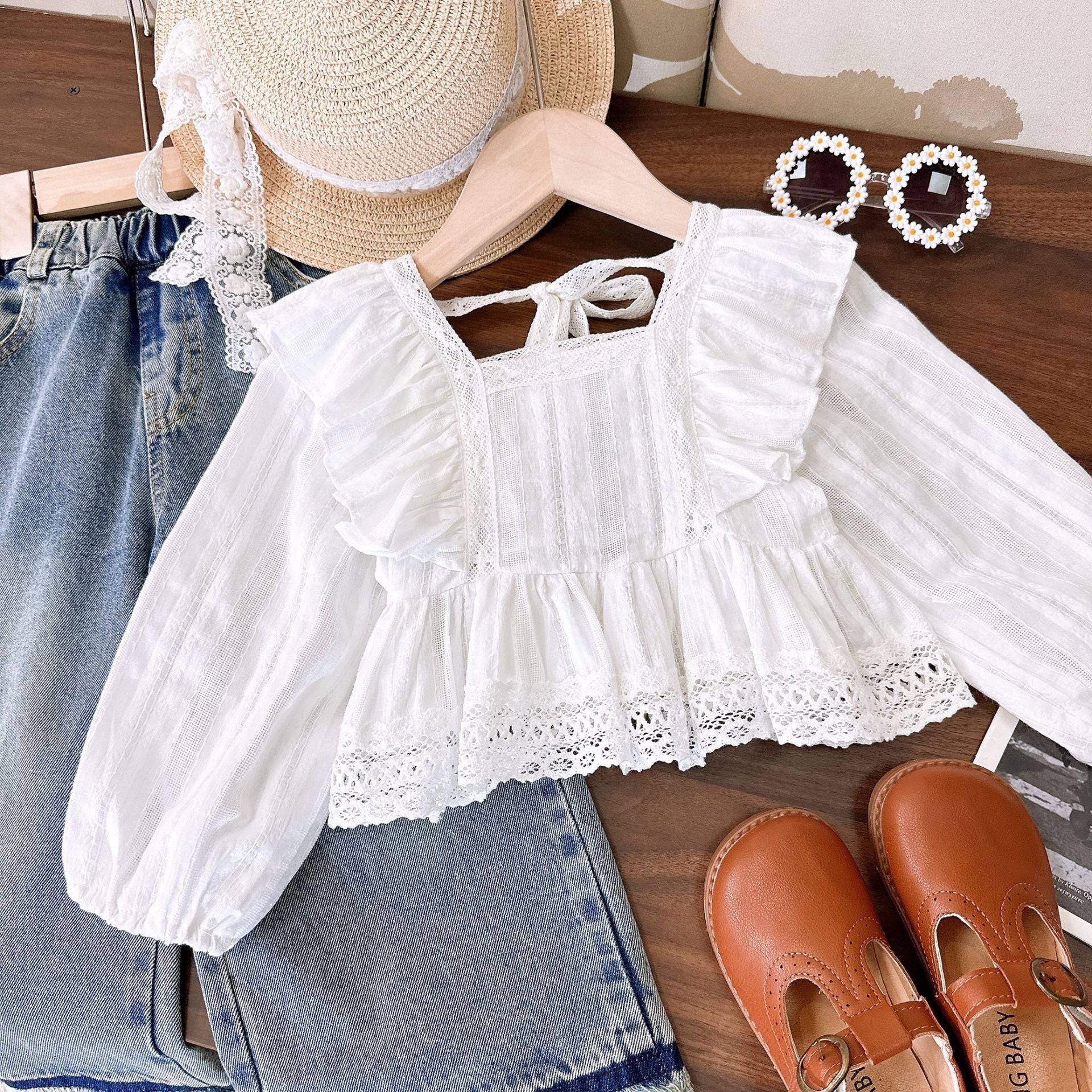[363751] - Setelan Baju Blouse Lengan Panjang Celana Panjang Jeans Fashion Anak Perempuan - Motif Soft Lace
