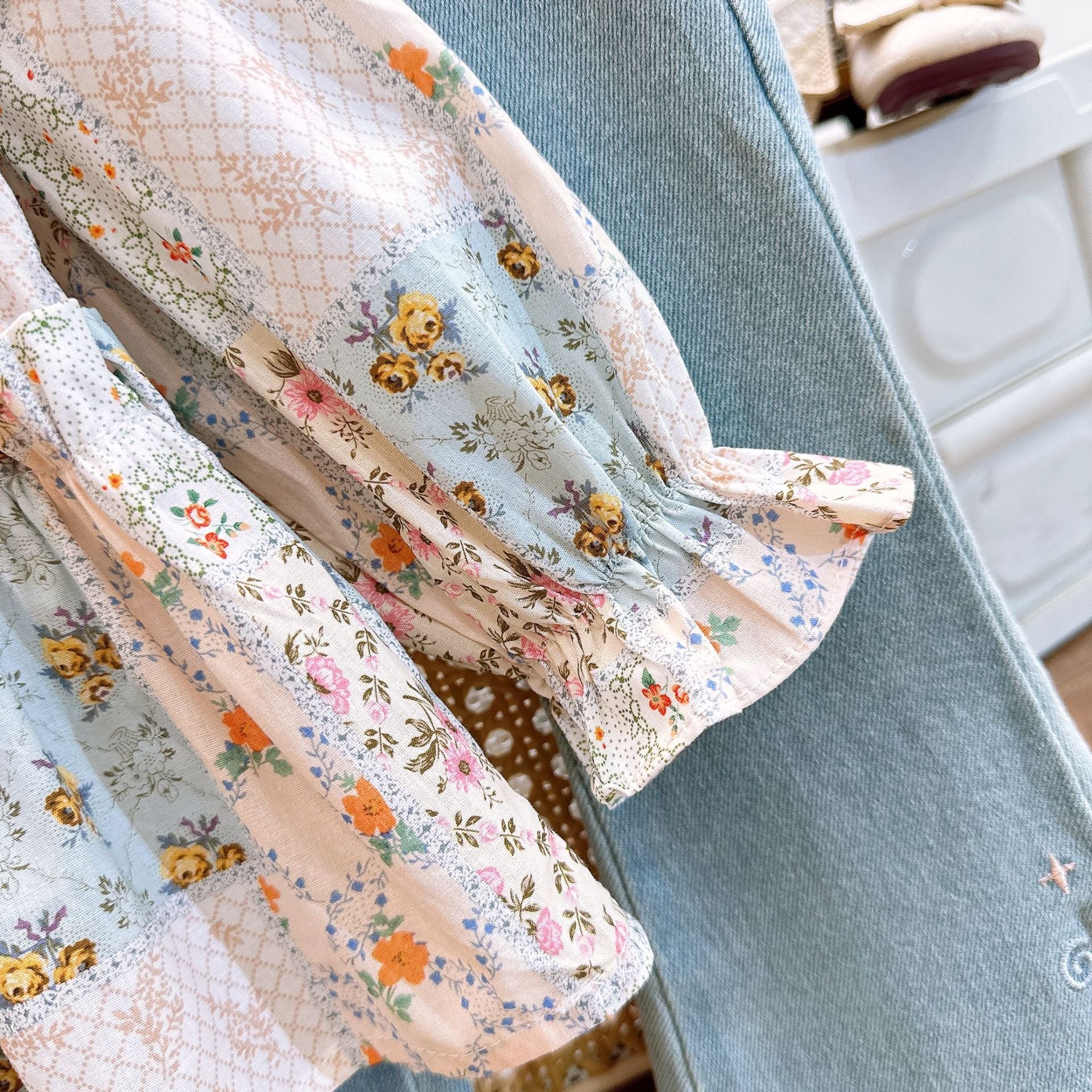 [363778] - Setelan One Set Shabby Baju Blouse Lengan Panjang Celana Jeans Tipis Panjang Fashion Anak Perempuan - Motif Star Flowers