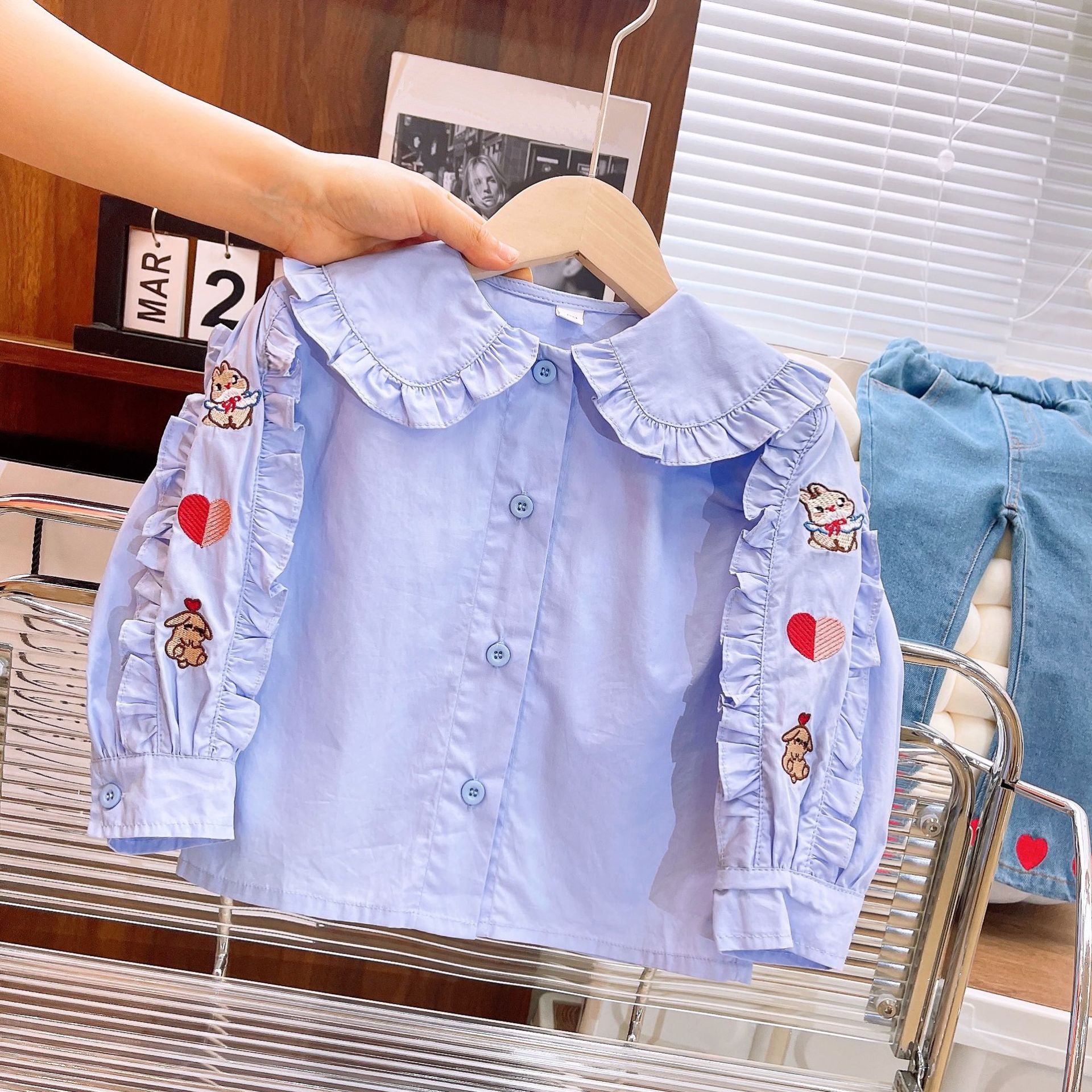 [363729] - Setelan Baju Blouse Ruffles Lengan Panjang Celana Jeans Panjang Fashion Anak Perempuan - Motif Little Heart
