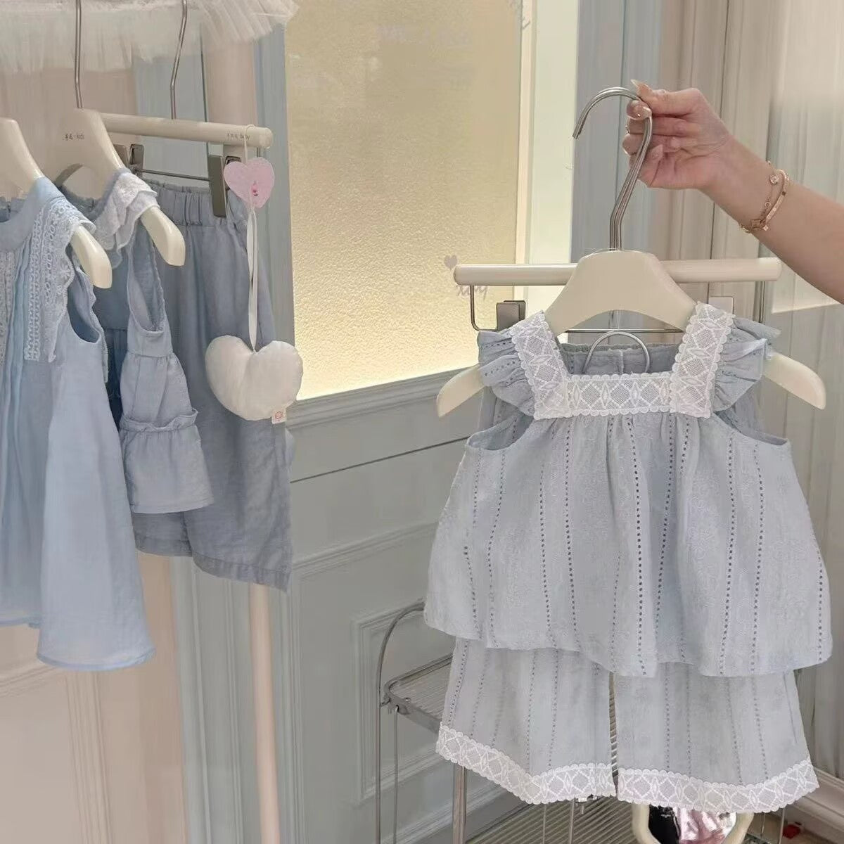 [5071130] - One Set 2in1 Baju Setelan Summer Outfit Atasan Lengan Kutung Bawahan Celana Panjang Fashion Korean Style Anak Perempuan Cewek - Motif Lace Flower Katbol - BABYHOKI STORE