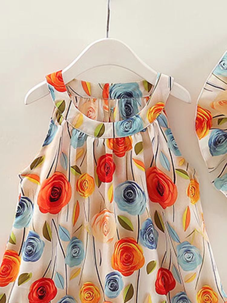[363793] - Gaun Floral Dapat Topi Baju Dress Pantai Tanpa Lengan Fashion Anak Perempuan Cewek Bunga - Motif Rose Flower