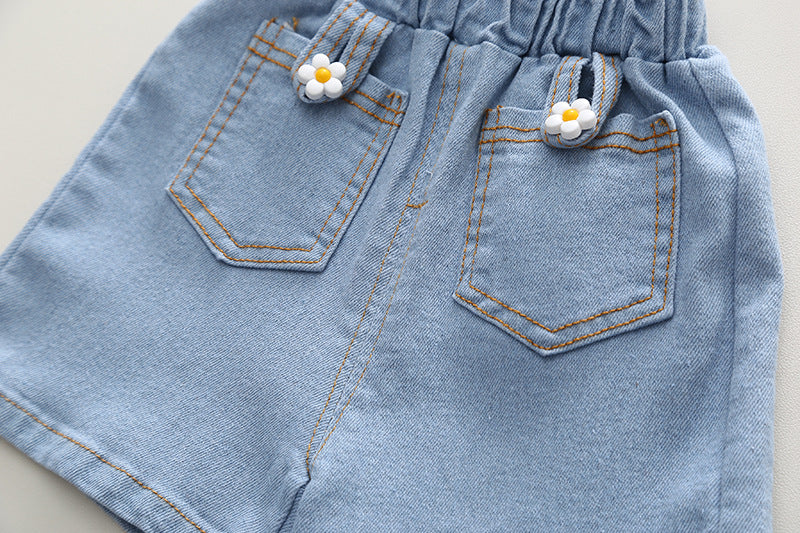 [340373] - Baju Setelan Blouse Celana Jeans Fashion Import Anak Perempuan - Motif Flower Brooch