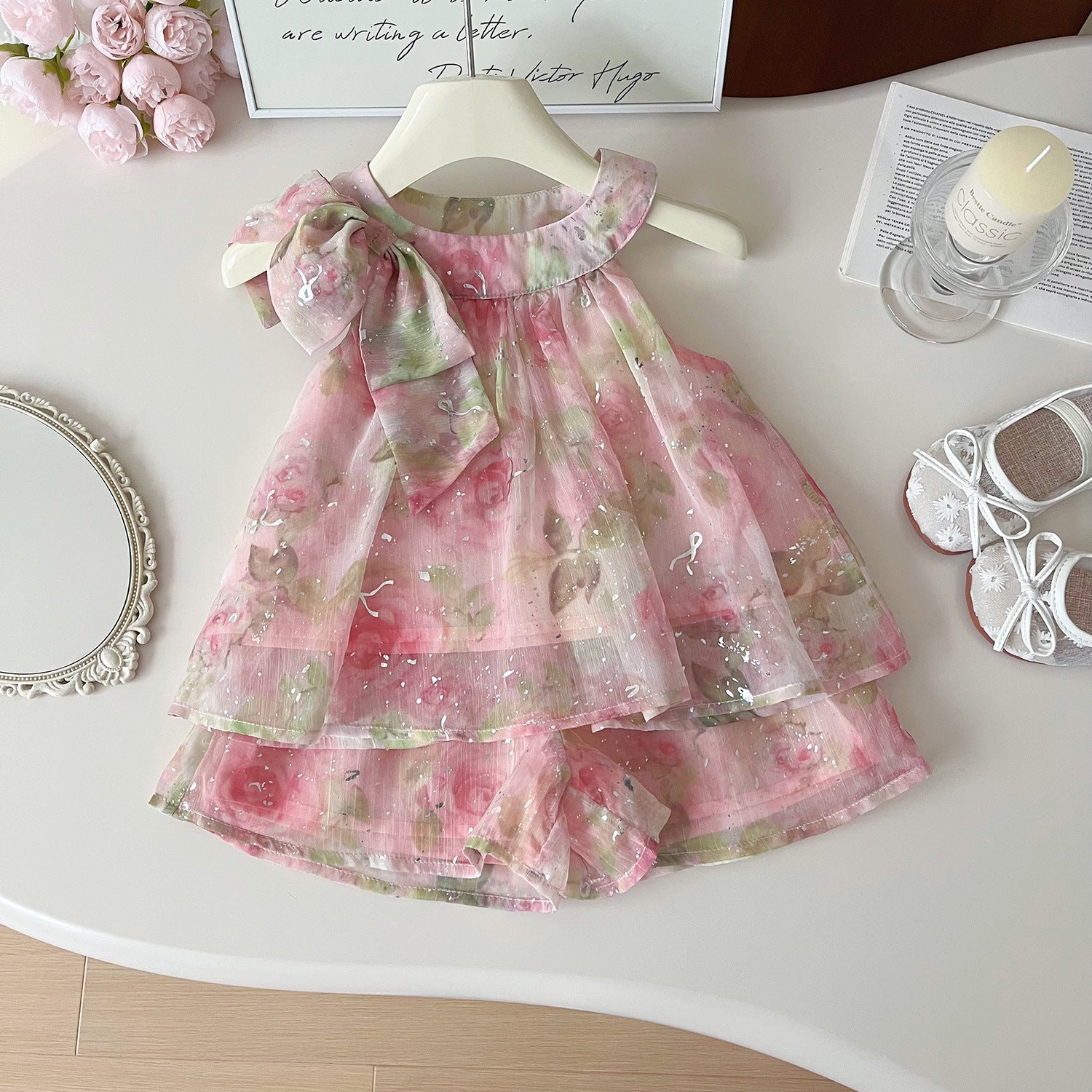 [963292] - One Set 2in1 Baju Setelan Atasan Lengan Kutung Bawahan Celana Pendek Korean Version Style Anak Perempuan Cewek - Motif Chiffon Floral - BABYHOKI STORE