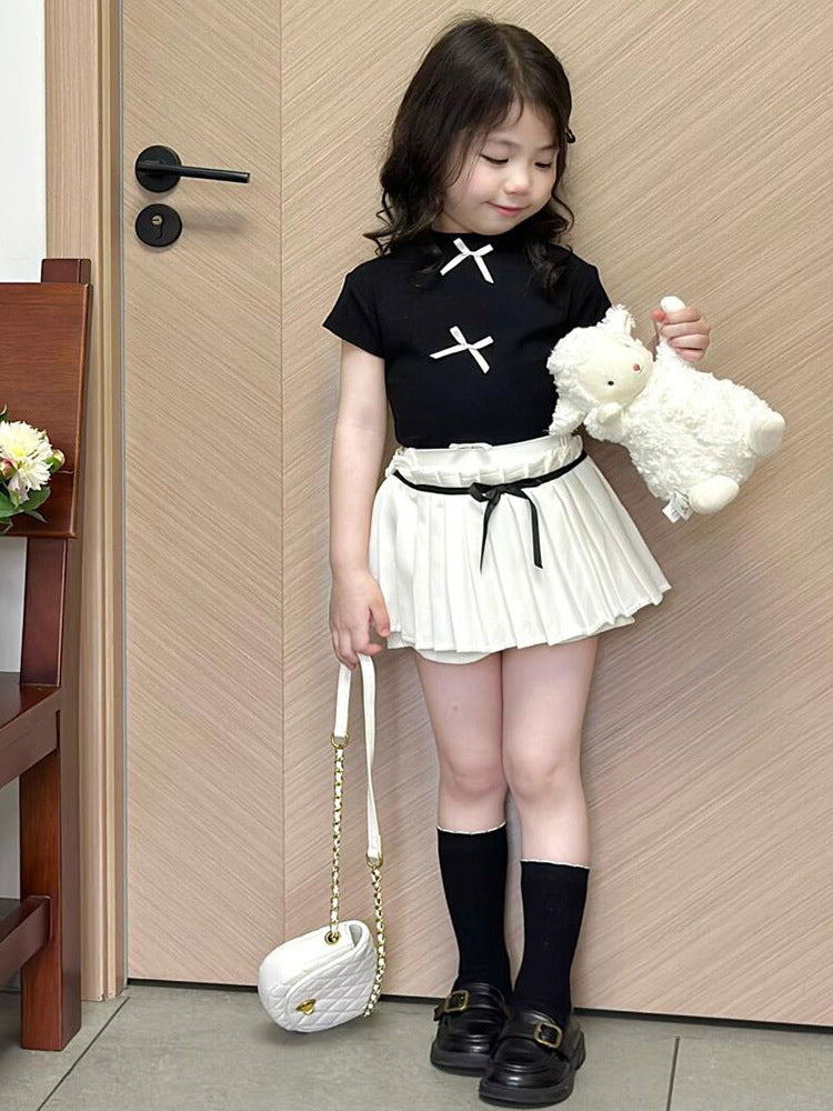 [5071111] - One Set 2in1 Baju Setelan Atasan Ribbon Lengan Pendek Bawahan Celana Rok Pendek Plisket Fashion Korean Style Anak Perempuan Cewek - Motif Top Ribbon Plisket Bottom - BABYHOKI STORE