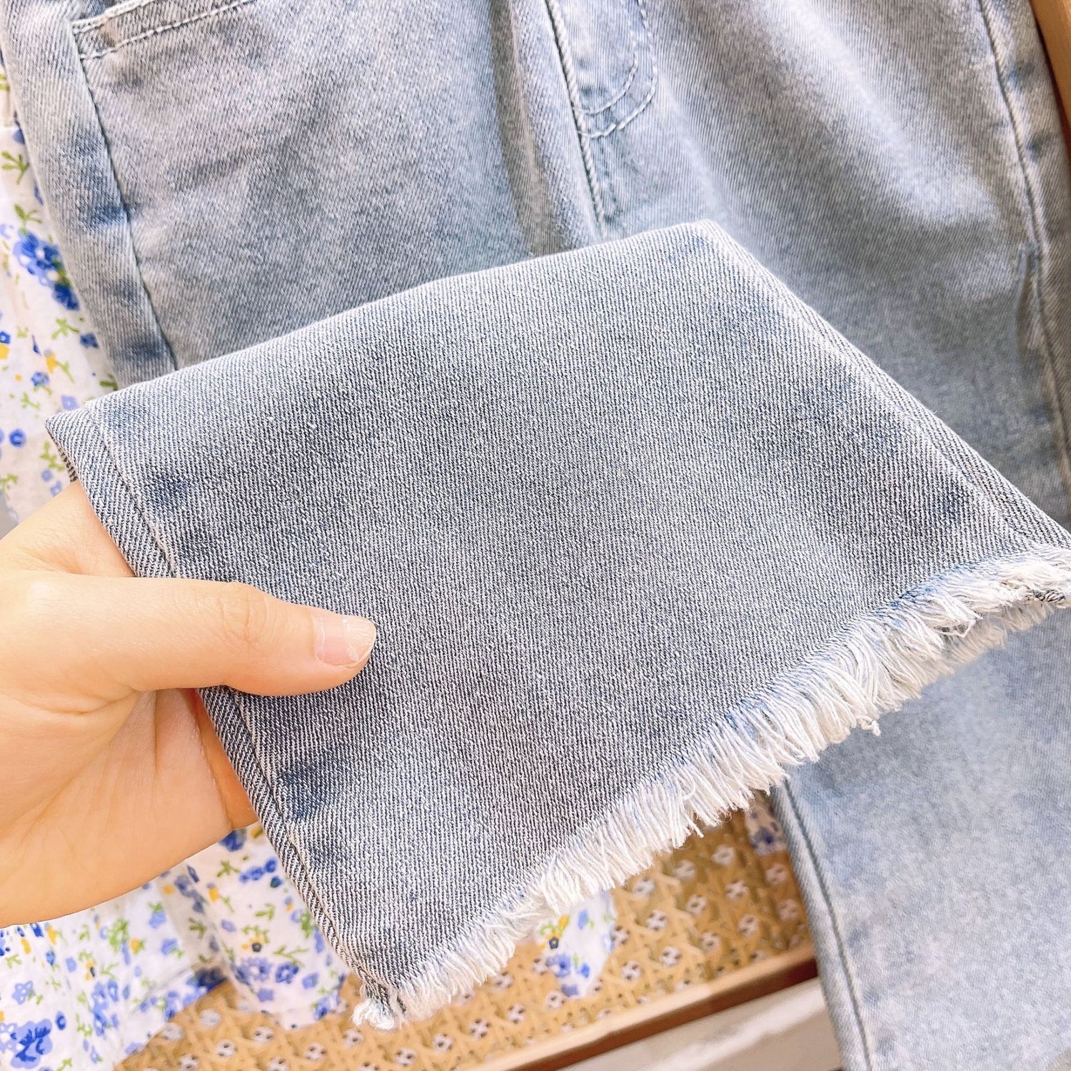 [363726] - Setelan Baju Blouse Lengan Panjang Celana Jeans Panjang Fashion Anak Perempuan Import - Motif Floral Denim