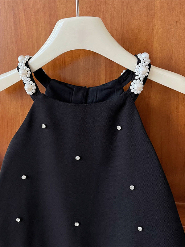 [5071109] - Baju Dress Gaun Pesta Black Lengan Kutung Korean Style Fashion Anak Perempuan Cewek - Motif Top Pearl Bottom Ruffled - BABYHOKI STORE