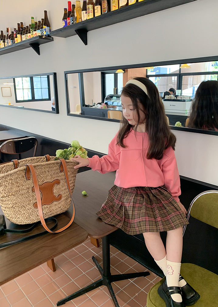 [507S170] - Setelan Baju Lengan Panjang Bawahan Rok Pendek Fashion Anak Perempuan - Motif Plaid Line