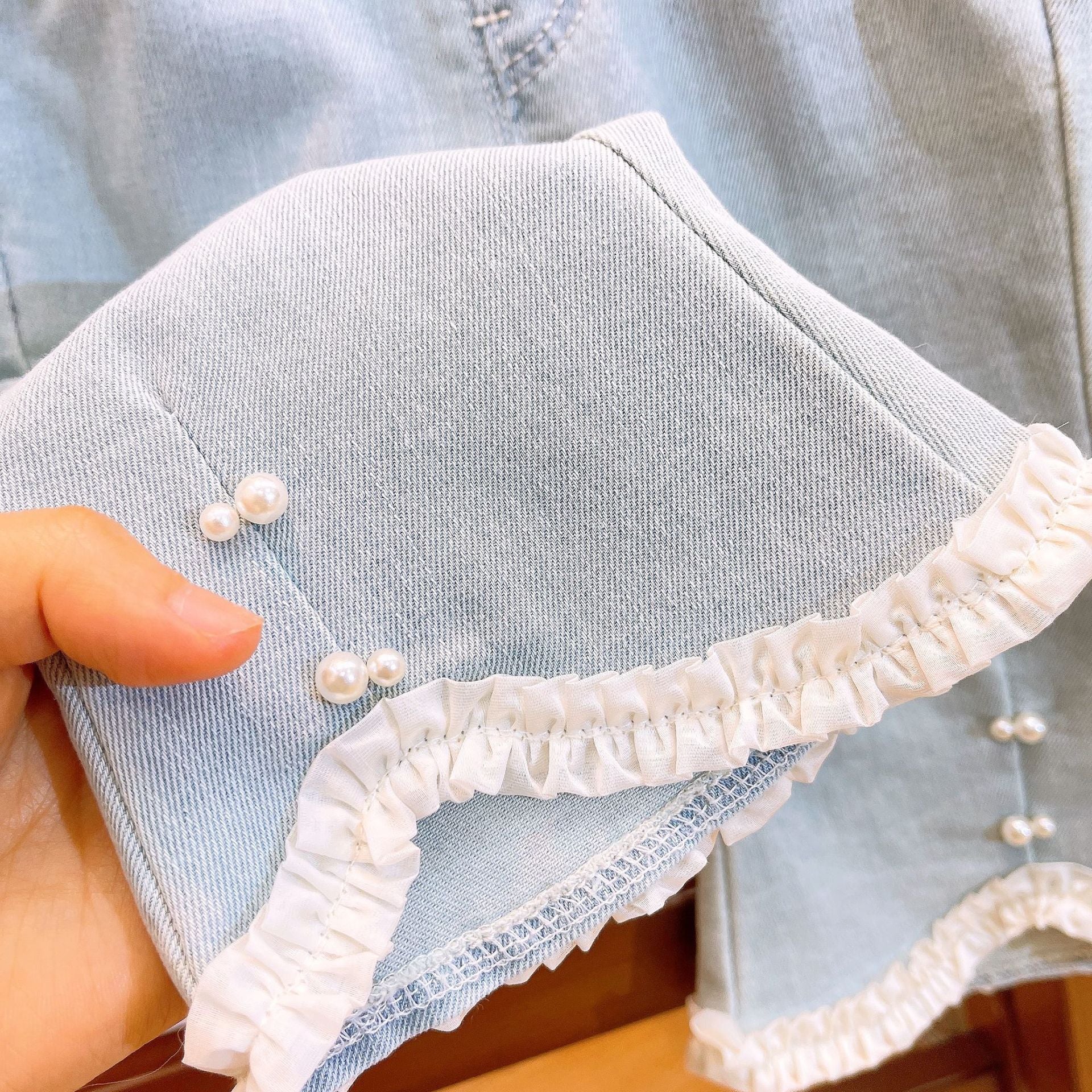 [363767] - Setelan One Set Baju Tanpa Lengan Celana Jeans Panjang Fashion Anak Perempuan - Motif Wavy Lace