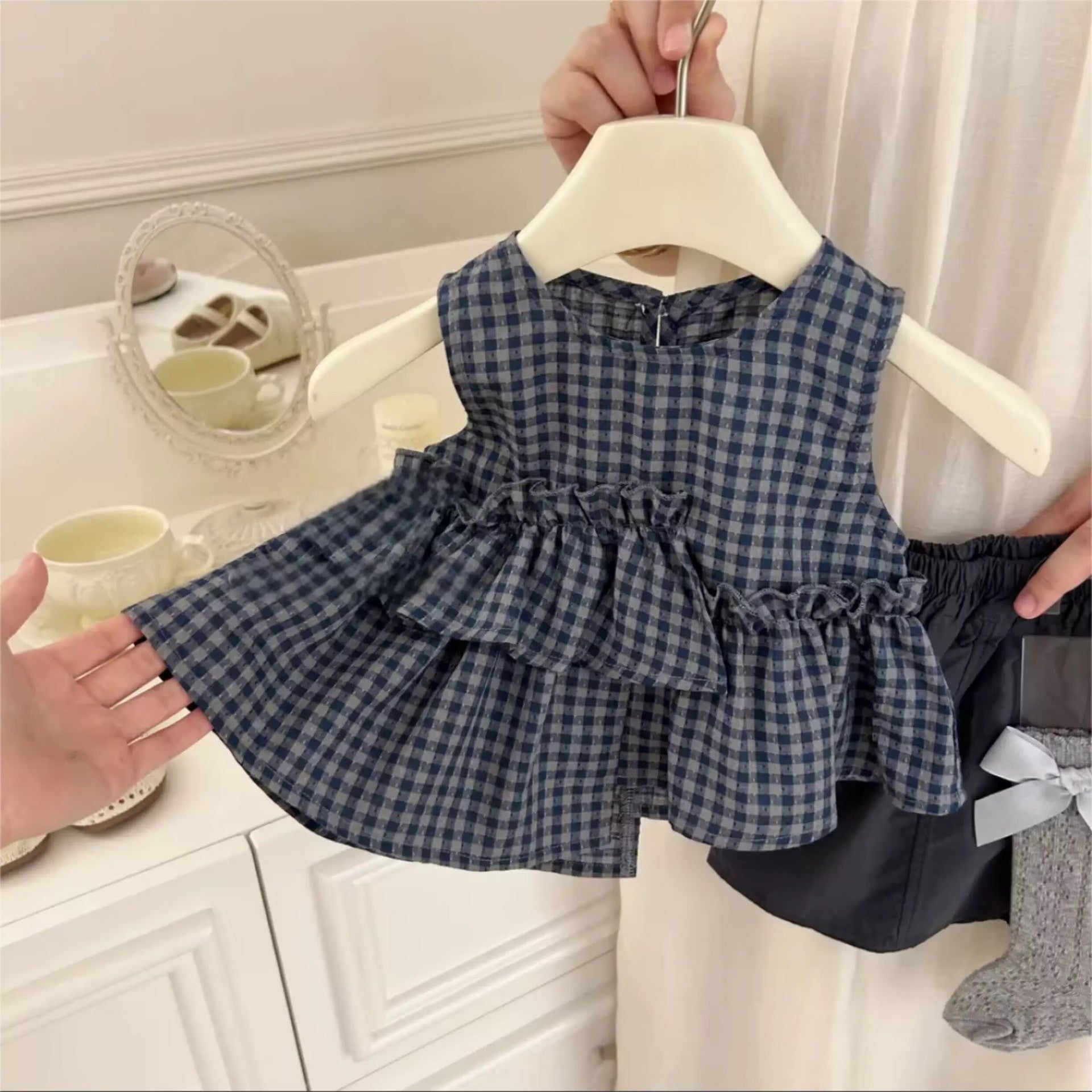 [5071136] - One Set 2in1 Baju Setelan Summer Outfit Atasan Lengan Kutung Bawahan Celana Pendek Fashion Korean Style Anak Perempuan Cewek - Motif Ruffle Plaid - BABYHOKI STORE