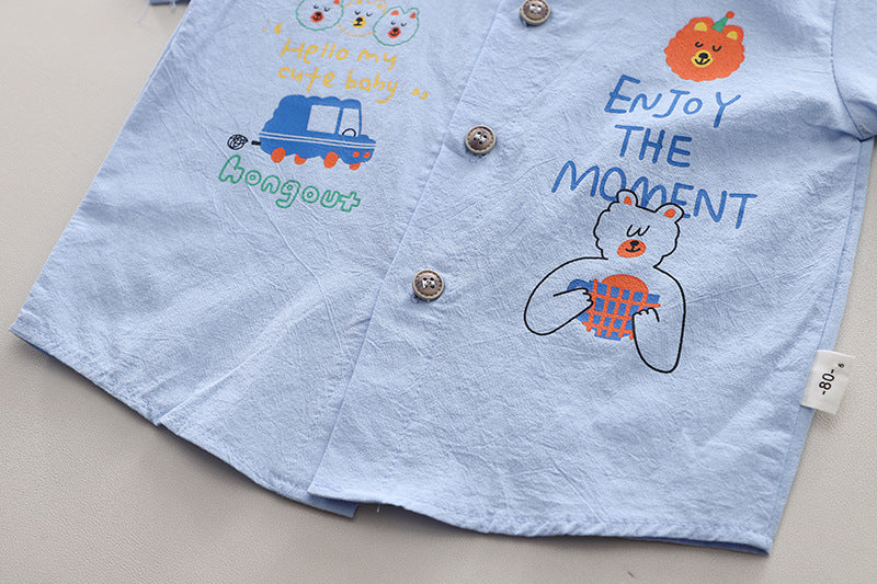 [368590] - One Set 2in1 Baju Setelan Atasan Kemeja Lengan Pendek Bawahan Celana Pendek Jeans Comfortable Fashion Anak Laki Laki Cowok - Motif Animals Cars - BABYHOKI STORE