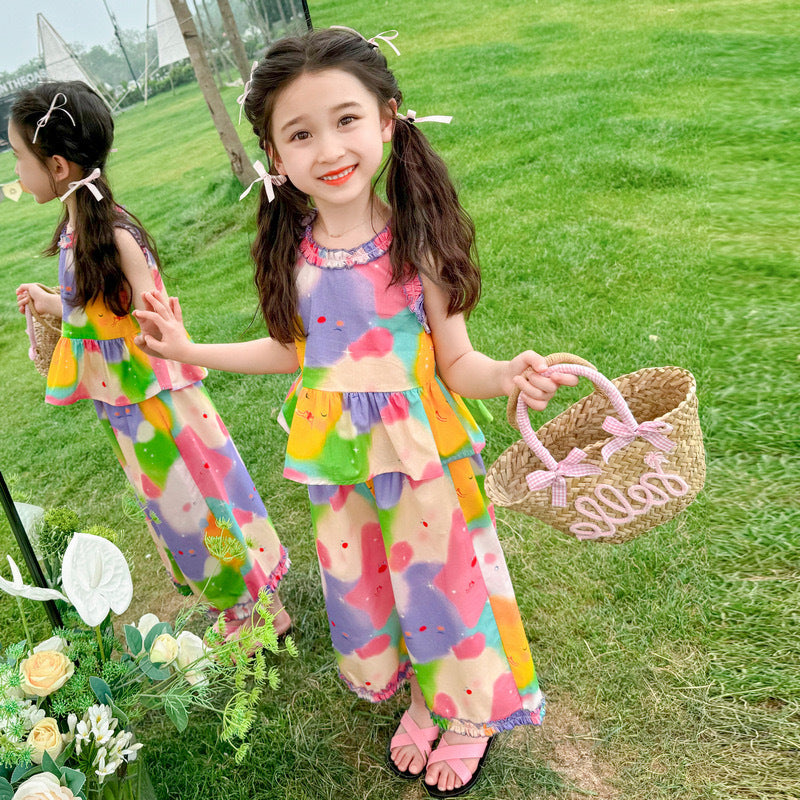 [5071057] - Setelan Baju Kutung Celana Panjang Santai Fashion Anak Perempuan - Motif Colorful Flower