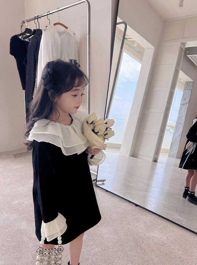 [507S1101] - Baju Dress Lengan Panjang Fashion Anak Perempuan - Motif Neck Ruffled