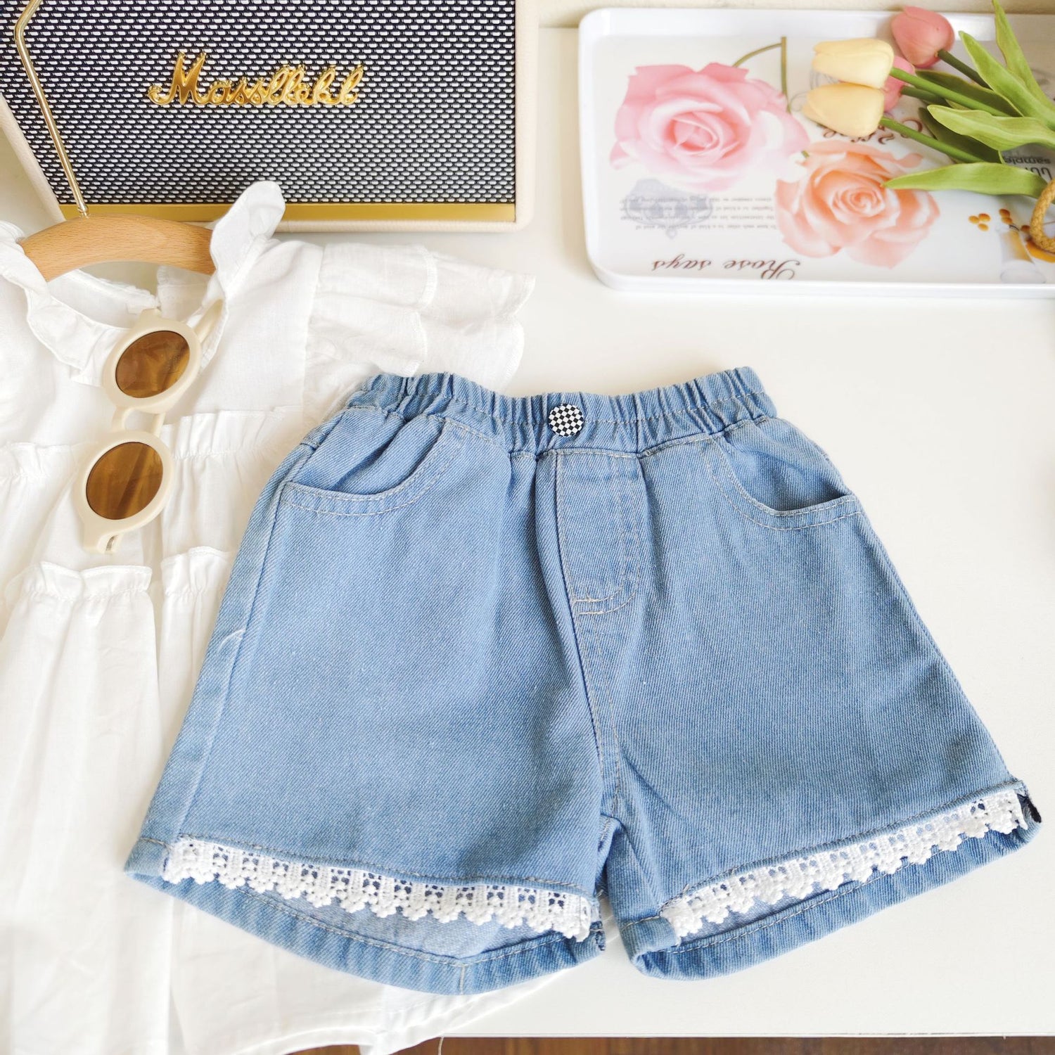 [363670] - Setelan Baju Blouse Celana Pendek Jeans Anak Perempuan Fashion - Motif Cute Plain