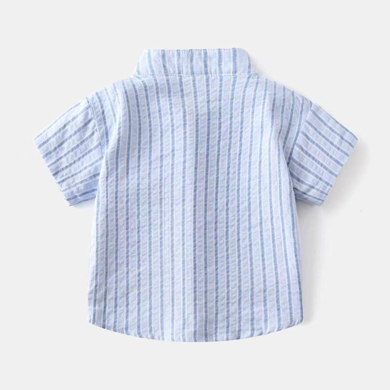 [383223] - Baju Atasan Kemeja Kerah Shanghai Koko Lengan Pendek Anak Laki-Laki Cowok - Motif Blue & White Stripes - BABYHOKI STORE - BABYHOKI STORE