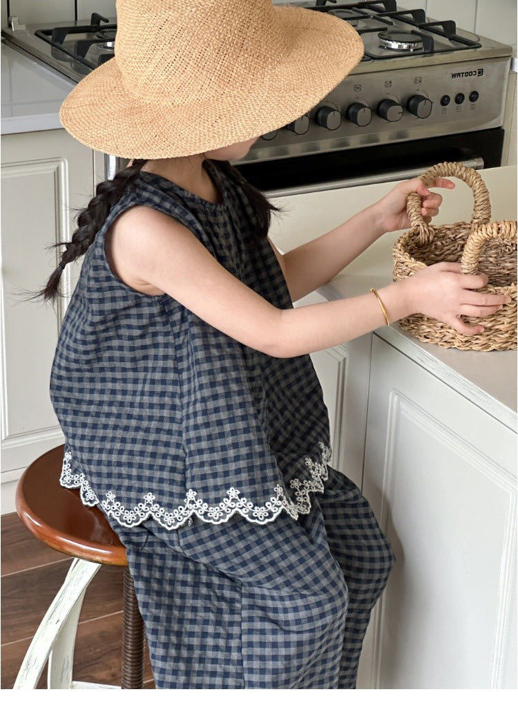 [5071110] - One Set 2in1 Baju Setelan Atasan Oversize Lengan Kutung Bawahan Celana Panjang Kulot Fashion Trendi Anak Perempuan Cewek - Motif Style Plaid - BABYHOKI STORE