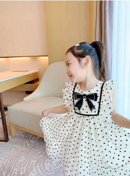 [507957] - Baju Dress Lengan Kutung Anak Perempuan Import Fashion - Motif Polka Ribbon