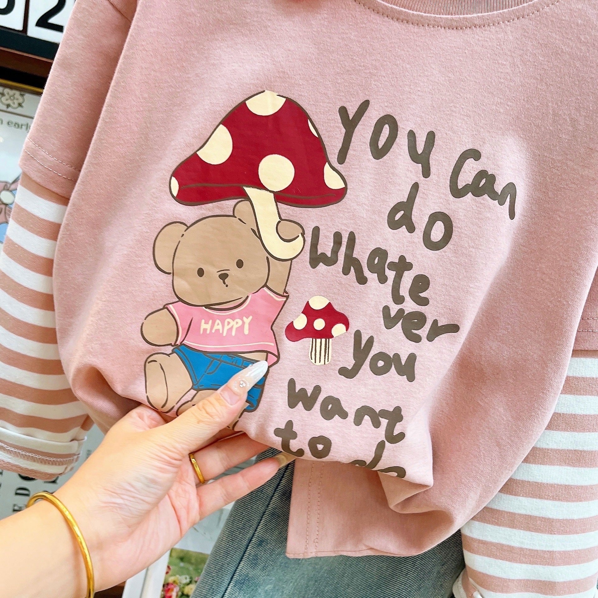 [363942] - One Set 2in1 Baju Setelan Atasan Kaos Lengan Panjang Bawahan Celana Panjang Jeans Kulot Fashion Korean Style Anak Cewek Perempuan - Motif Happy Bear - BABYHOKI STORE