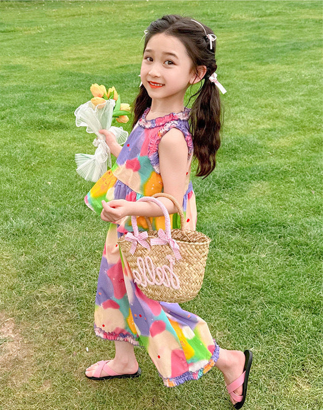 [5071057] - Setelan Baju Kutung Celana Panjang Santai Fashion Anak Perempuan - Motif Colorful Flower