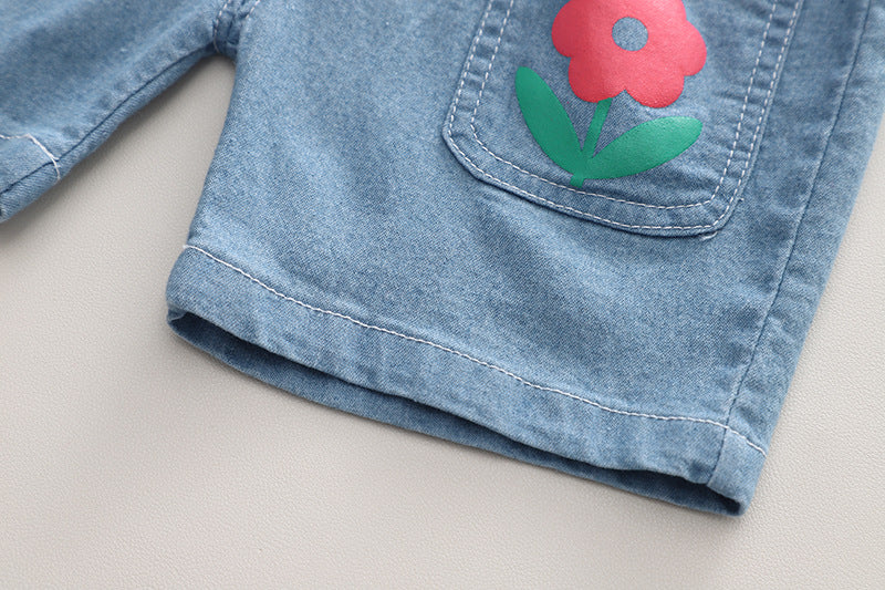 [340388] - Baju Setelan Kaos Celana Pendek Jeans Anak Perempuan - Motif Flower Images