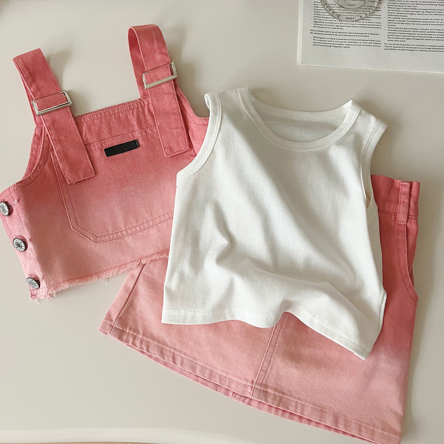 [963175] - One Set 3n1 Baju Setelan Atasan Kaos Lengan Kutung Vest Suspender Bawahan Celana Rok Pendek Korean Fashion Style Anak Perempuan Cewek - Motif Gradation Color - BABYHOKI STORE - BABYHOKI STORE