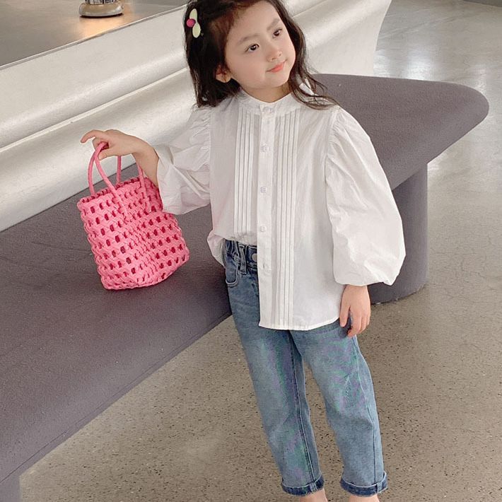 [507986] - Baju Blouse Lengan Balon Fashion Anak Perempuan - Motif Plain Lines