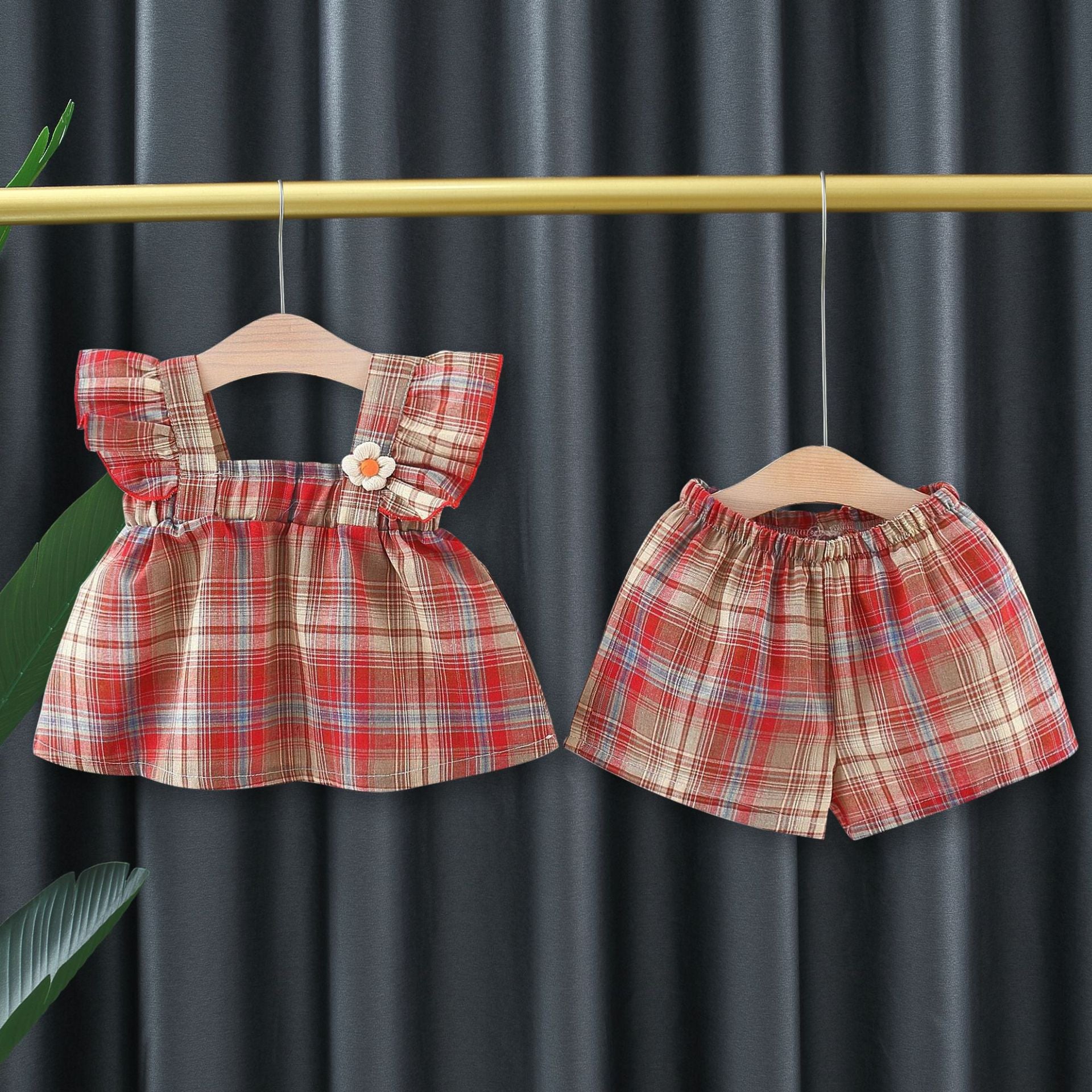 [340437] - Setelan Baju Kutung Celana Pendek Fashion Anak Perempuan - Motif Flower Plaid