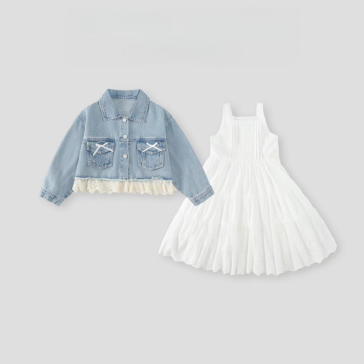 [363959] - One Set 2in1 Baju Setelan Dress Gaun Lengan Kutung Atasan Jaket Denim Lengan Panjang Korean Version Style Anak Cewek Perempuan - Motif Cute Ribbon Lace - BABYHOKI STORE