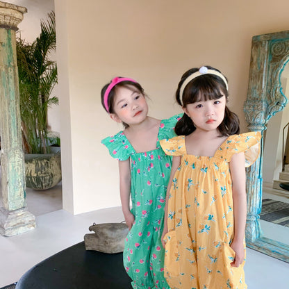 [507S143] - Baju Setelan Jumpsuit Kutung Fashion Anak Perempuan - Motif Flower Leaf