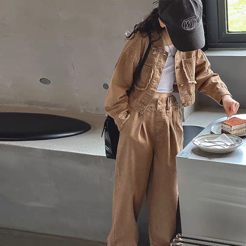 [363743-Long] - Setelan Streetwear Jeans Oneset Baju Atasan Lengan Panjang Jaket Bawahan Celana Kulot Panjang Fashion Anak Perempuan - Motif Casual Plain - BABYHOKI STORE