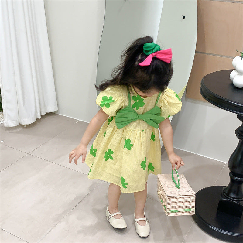 [507S157] - Baju Dress Lengan Pendek Fashion Anak Perempuan - Motif Ribbon Clover