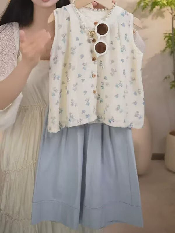 [5071173] - One Set 2in1 Baju Setelan Atasan Lengan Kutung Bawahan Celana Panjang Kulot Korean Version Anak Perempuan Cewek - Motif Small Flowers - BABYHOKI STORE