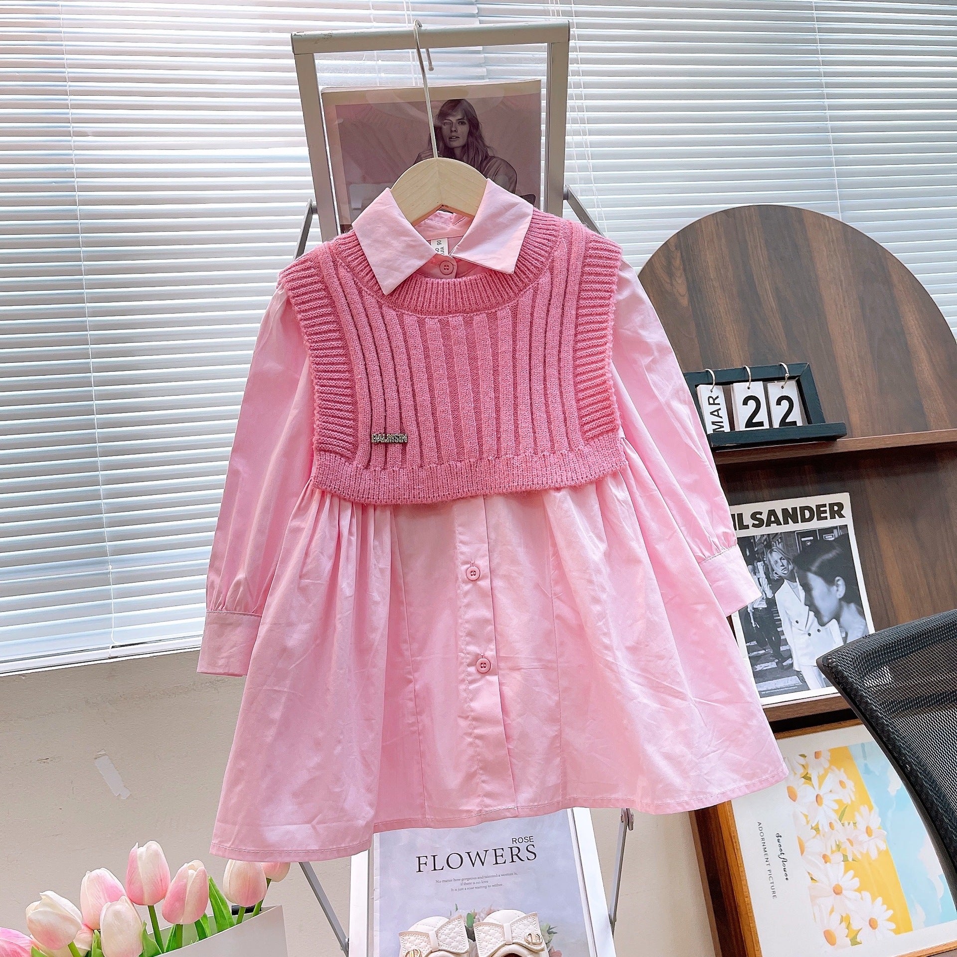 [363824] - Setelan 2 in 1 Baju Dress Lengan Panjang Atasan Rompi Sweater Fashion Anak Perempuan - Motif Soft Neat