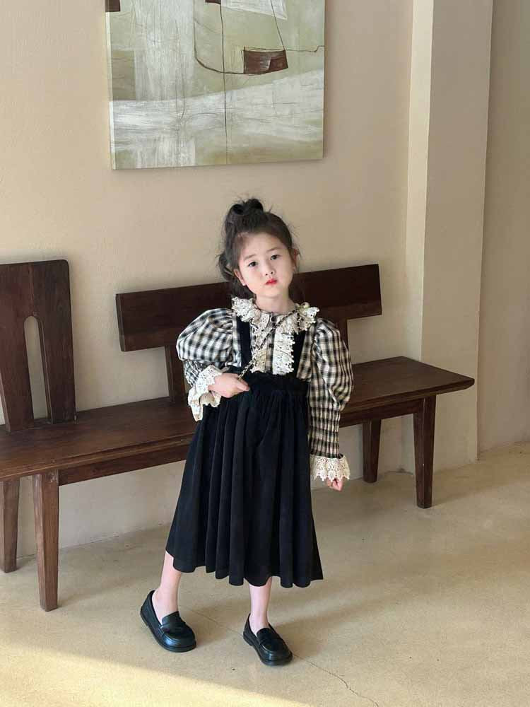 [5071124] - One Set 2in1 Baju Setelan Atasan Blouse Lengan Panjang Style Palace Bawahan Overall Panjang Fashion Trendi Anak Perempuan Cewek - Motif Plaid - BABYHOKI STORE