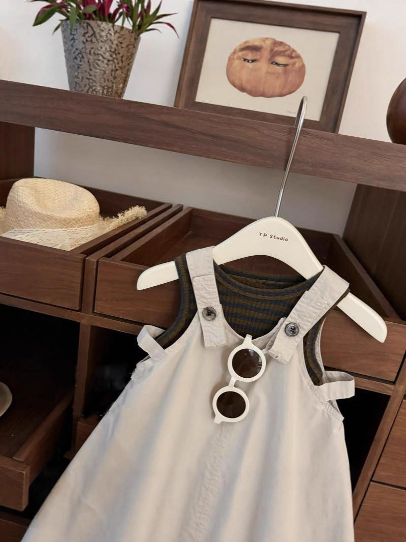 [5071156] - One Set 2in1 Baju Setelan Summer Outfit Atasan Kaos Lengan Kutung Bawahan Overall Pendek Comfort Fashion Style Anak Perempuan Cewek - Motif Top Color Stripe - BABYHOKI STORE