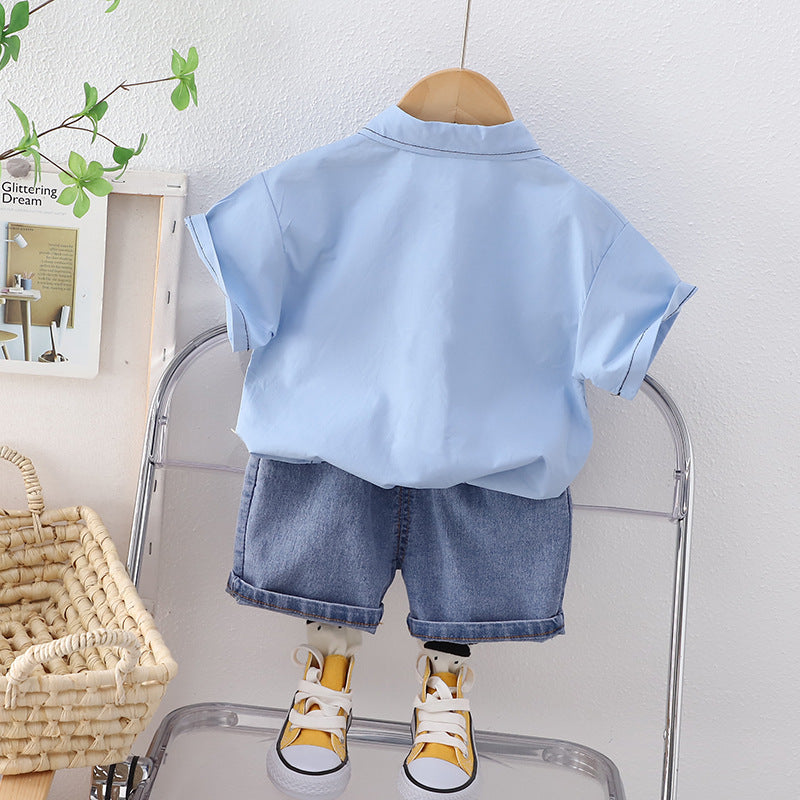 [345434] - Baju Setelan Kemeja Lengan Pendek Celana Pendek Jeans Anak Cowok Fashion - Motif Dog Love