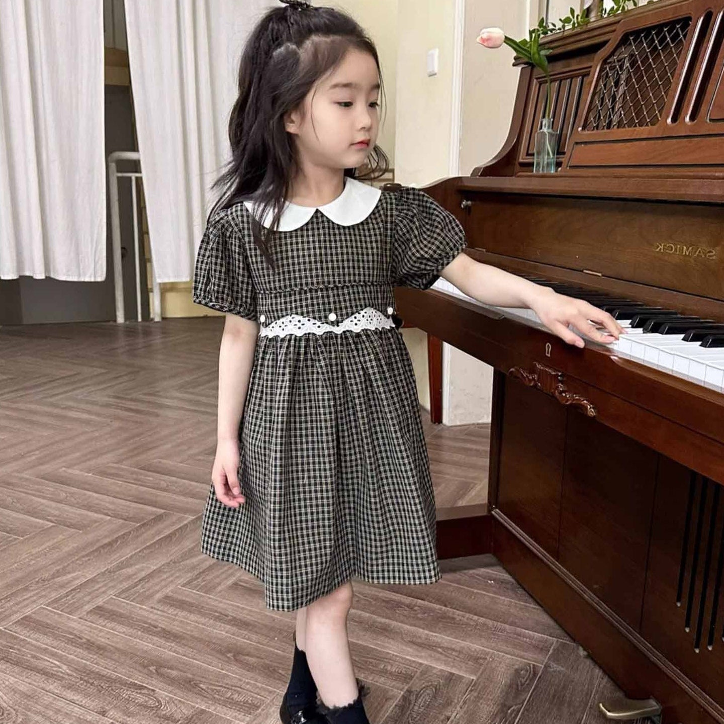 [5071103] - Baju Dress Gaun Pesta Lengan Pendek Fashion Anak Perempuan Cewek - Motif Plaid Dark Color - BABYHOKI STORE