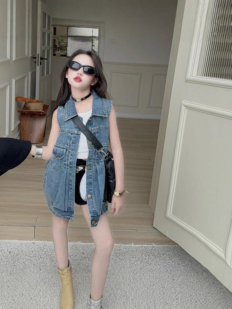 [5071179] - Baju Vest Dress Lengan Kutung Version Korean Style Anak Perempuan Cewek - Motif Denim - BABYHOKI STORE